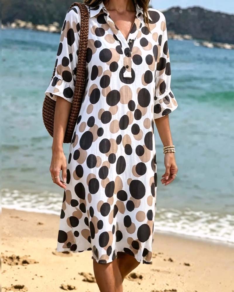 Elegant polka dot women's dress with fluid V-neck, view 5 - Elena Harper
