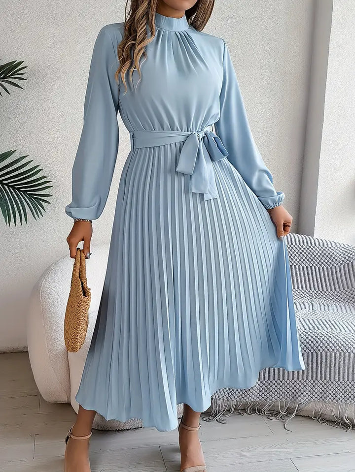 Women's Elegant Long-Sleeve Belted Midi Dress