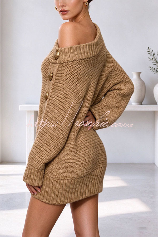 Ribbed Knit One Shoulder Button Detail Long Sleeve Relaxed Sweater Mini Dress