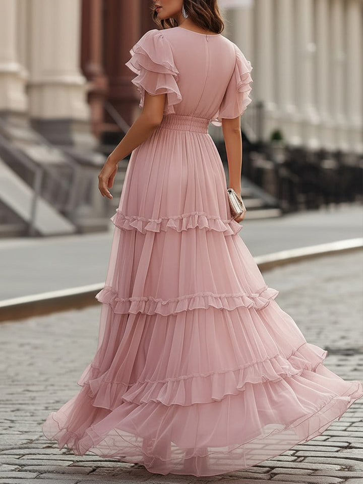 Short Sleeve Flutter Ruffled V-Neck Tiered Maxi Dress