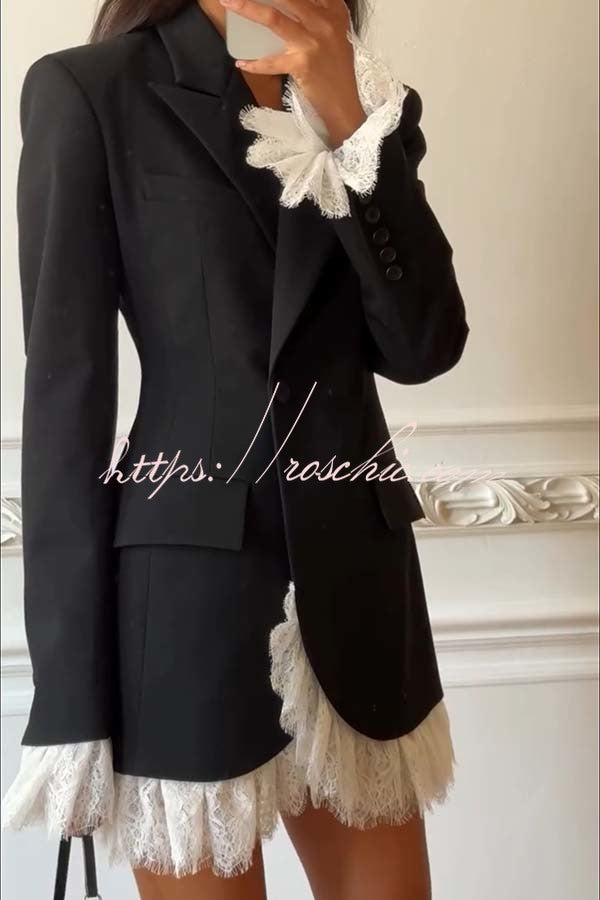 Cue The Chic Lace Trim Button Long Sleeve Lapel Blazer Mini Dress