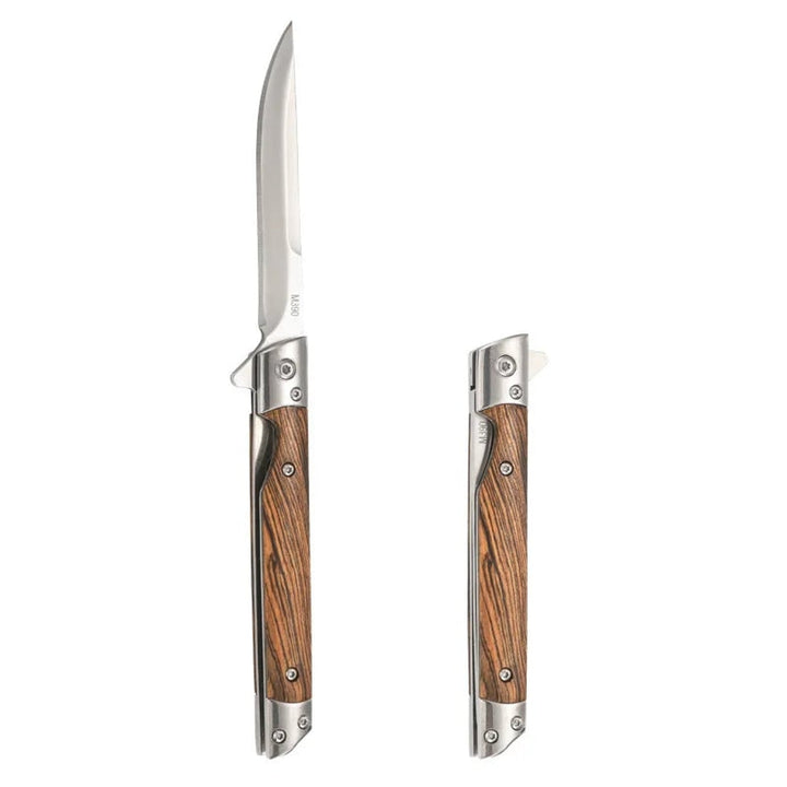Damascus Pattern Folding Knife With Stainless Steel Blade And Wood Handle For Camping Hiking And Edc
