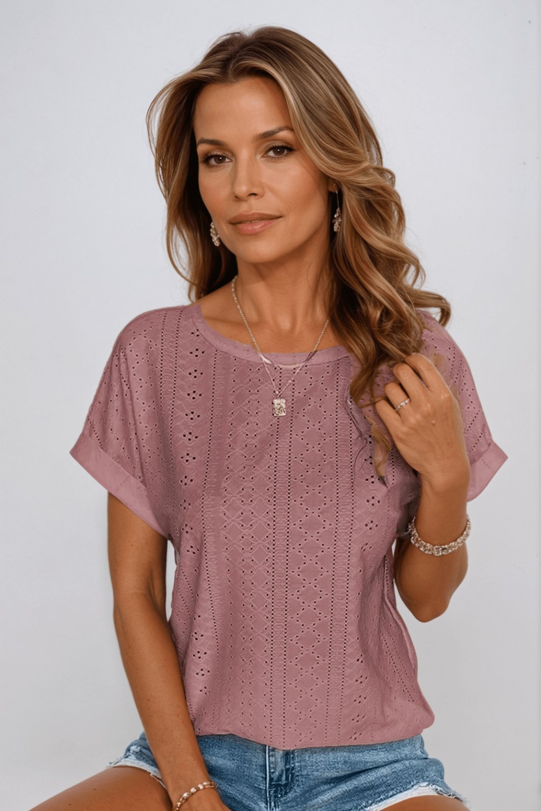 Laura | Ladies Cotton Blouse Short Sleeve Round Neck Eyelet Pattern