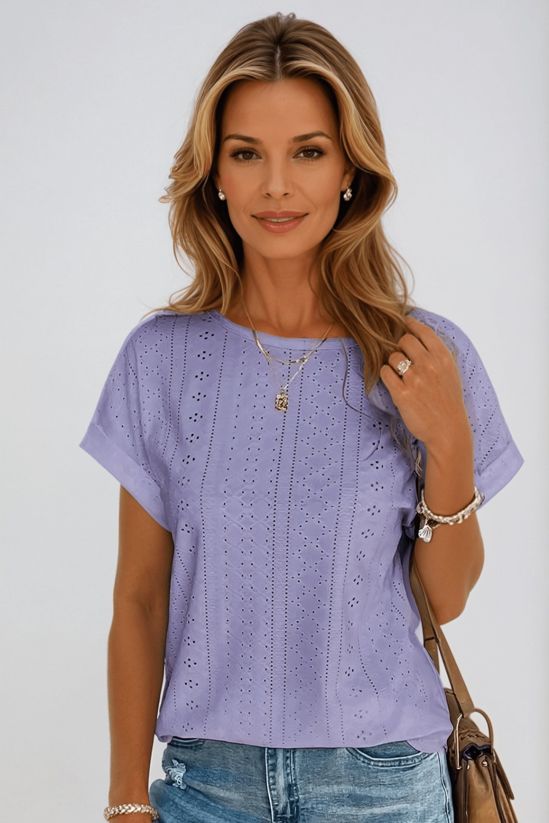 Laura | Ladies Cotton Blouse Short Sleeve Round Neck Eyelet Pattern