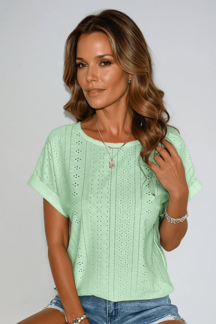 Laura | Ladies Cotton Blouse Short Sleeve Round Neck Eyelet Pattern