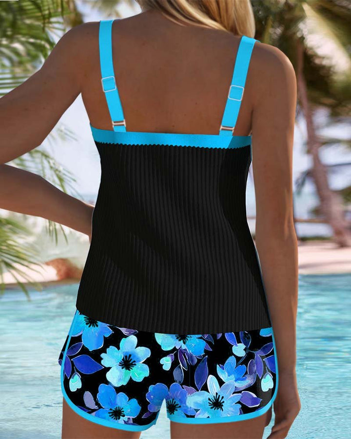 Nora | Women's Black Ribbed Tankini Set with Tummy Control
