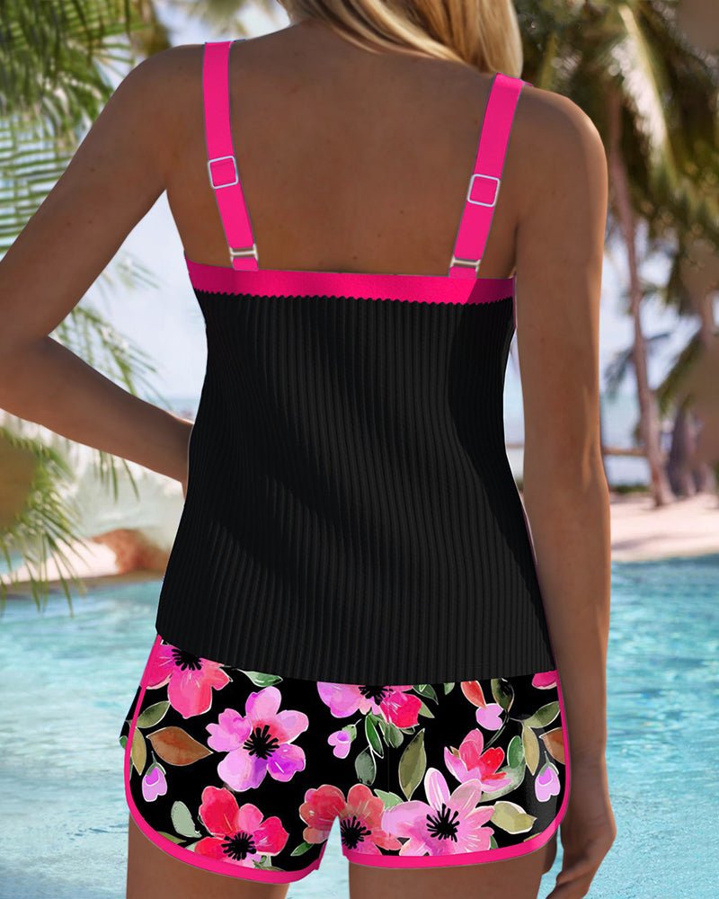 Nora | Women's Black Ribbed Tankini Set with Tummy Control
