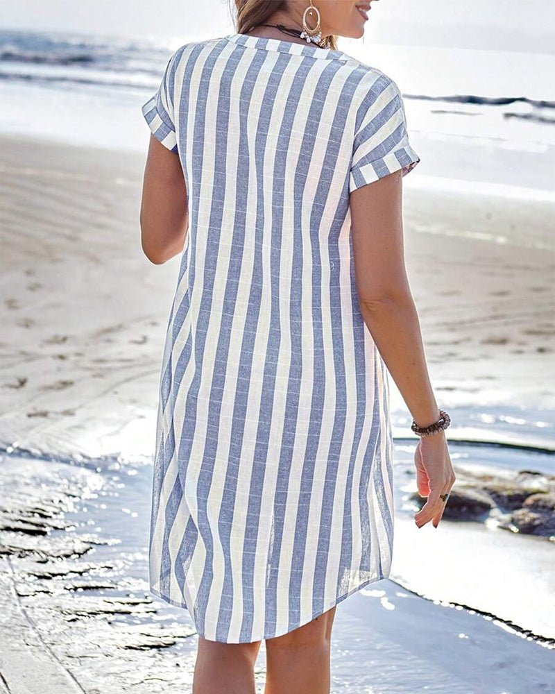 Isabella | Women's Striped Linen Shirt Dress Button Front Short Sleeves