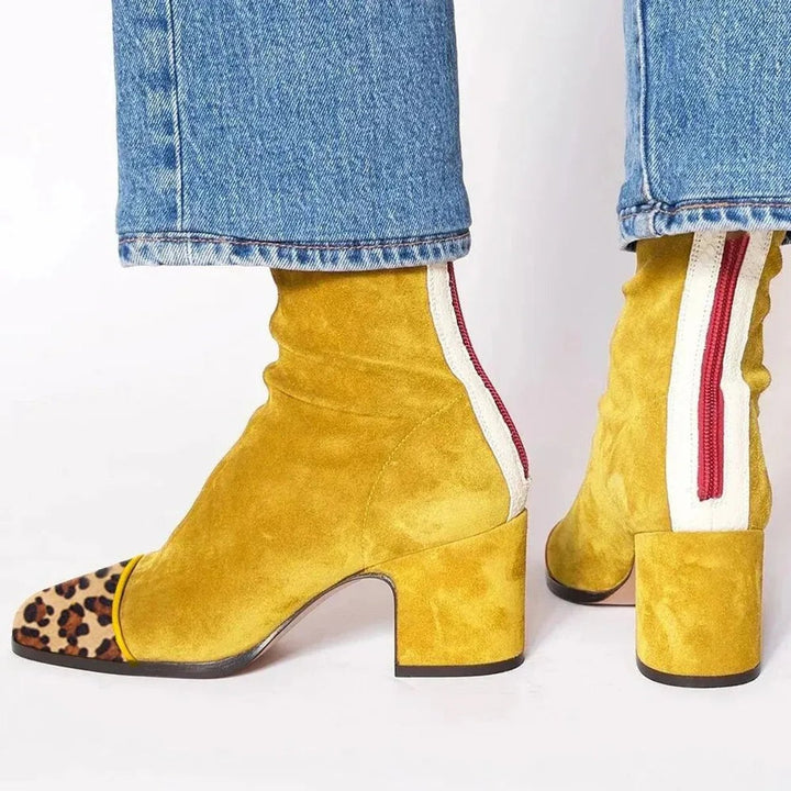 Lena | Women's Ankle Boots Suede Block Heel Leopard Print Cap Zipper