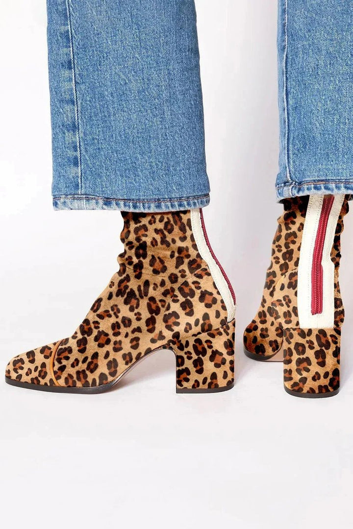 Lena | Women's Ankle Boots Suede Block Heel Leopard Print Cap Zipper