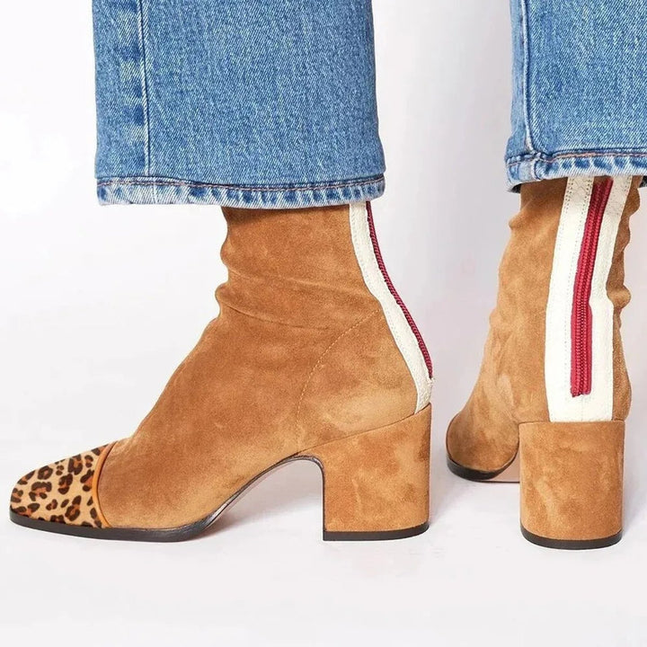 Lena | Women's Ankle Boots Suede Block Heel Leopard Print Cap Zipper
