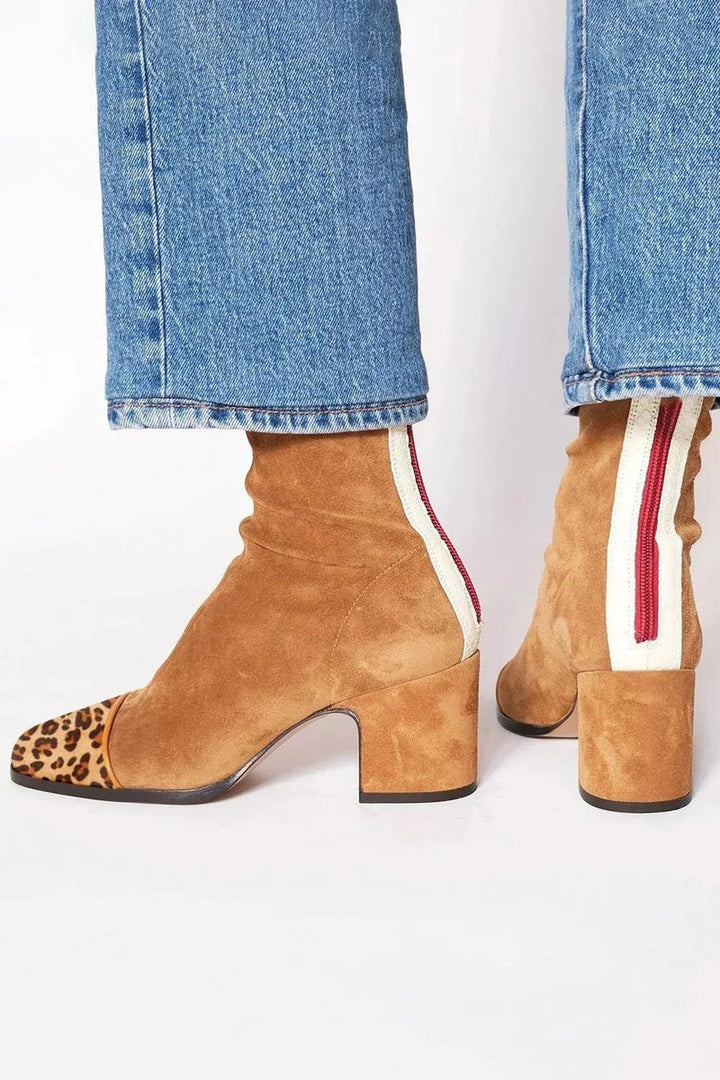 Lena | Women's Ankle Boots Suede Block Heel Leopard Print Cap Zipper