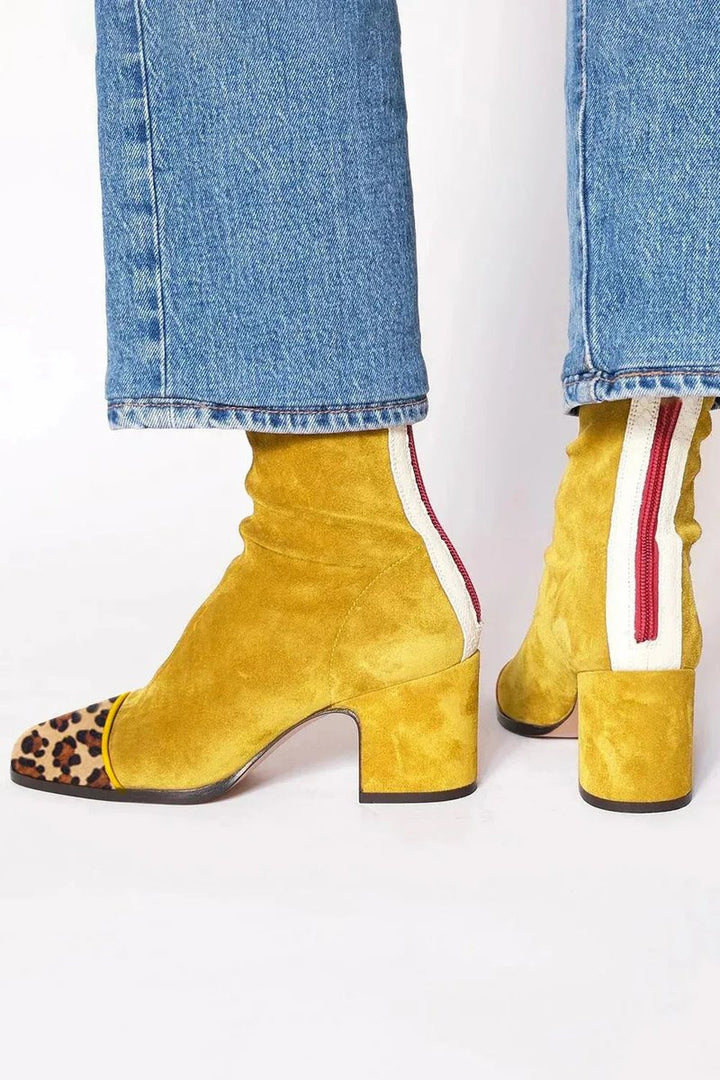 Lena | Women's Ankle Boots Suede Block Heel Leopard Print Cap Zipper
