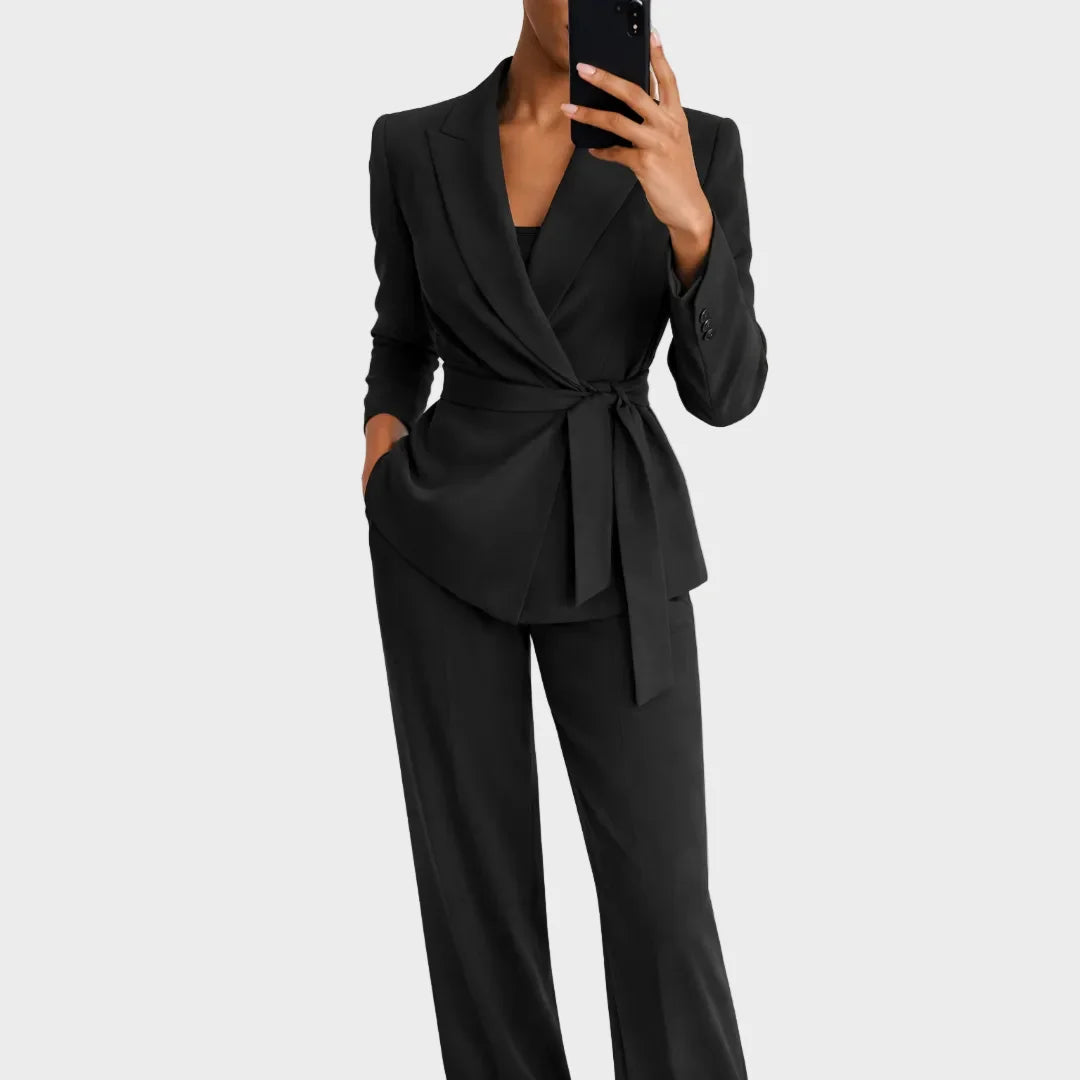 Women's Blazer and Trousers Set with Wrap Front and Tie Belt, view 3 - Elena Harper