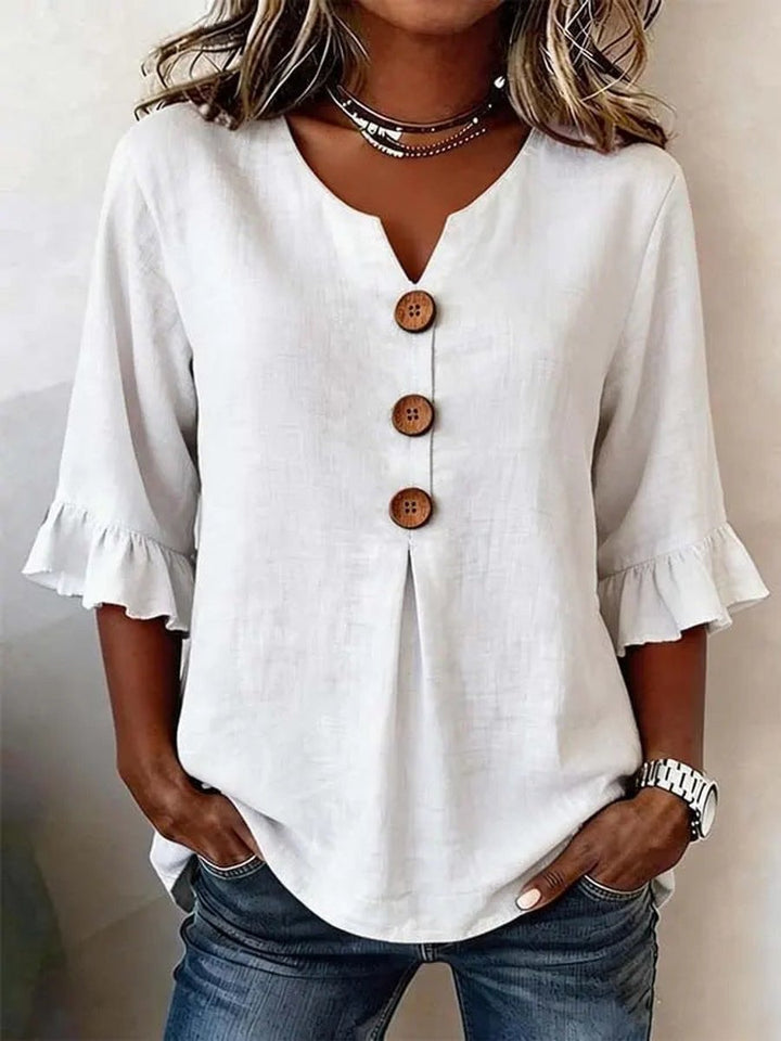 Katharina | Women's Blouse with Ruffled Sleeves, Wooden Buttons, V-Neck