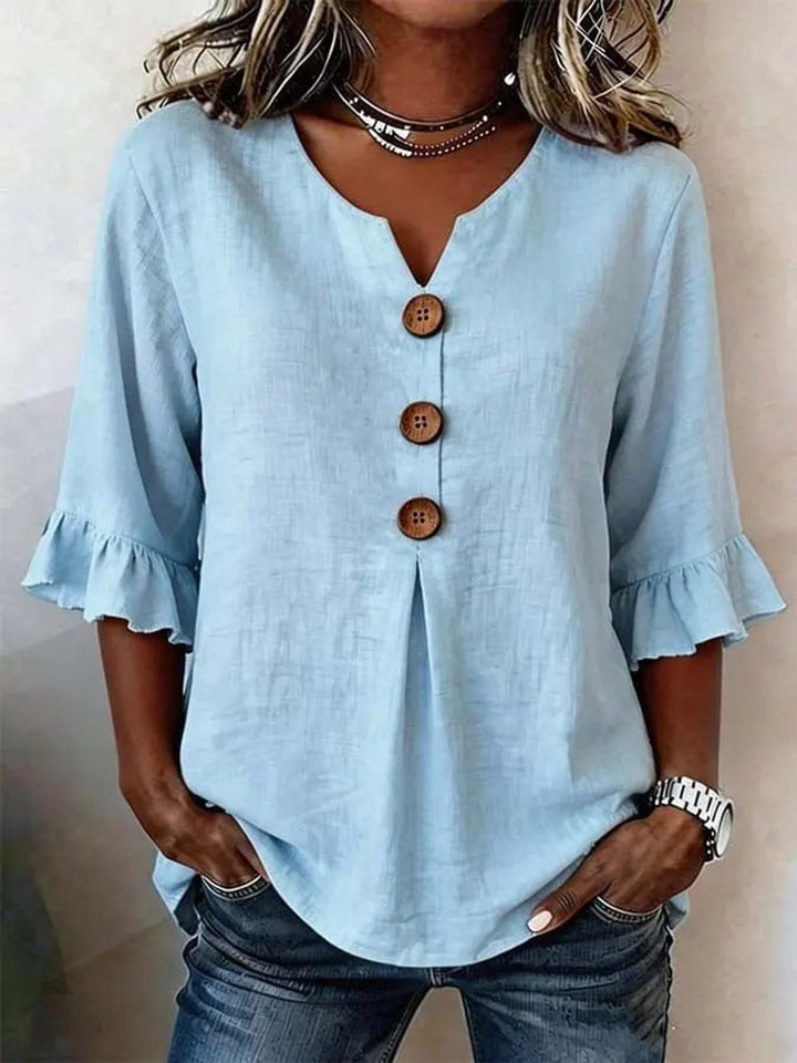 Katharina | Women's Blouse with Ruffled Sleeves, Wooden Buttons, V-Neck