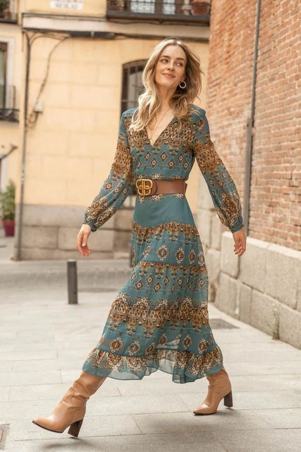 Mia | Women's Chiffon Boho Medallion Puff Sleeve Tiered Dress