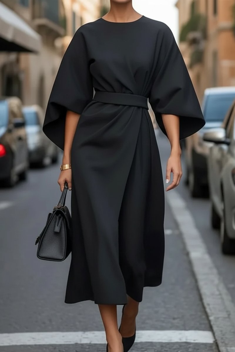 Hannah Women's Elegant Cocktail Dress with Lantern Sleeves and Waist Belt Midi, view 4 - Elena Harper