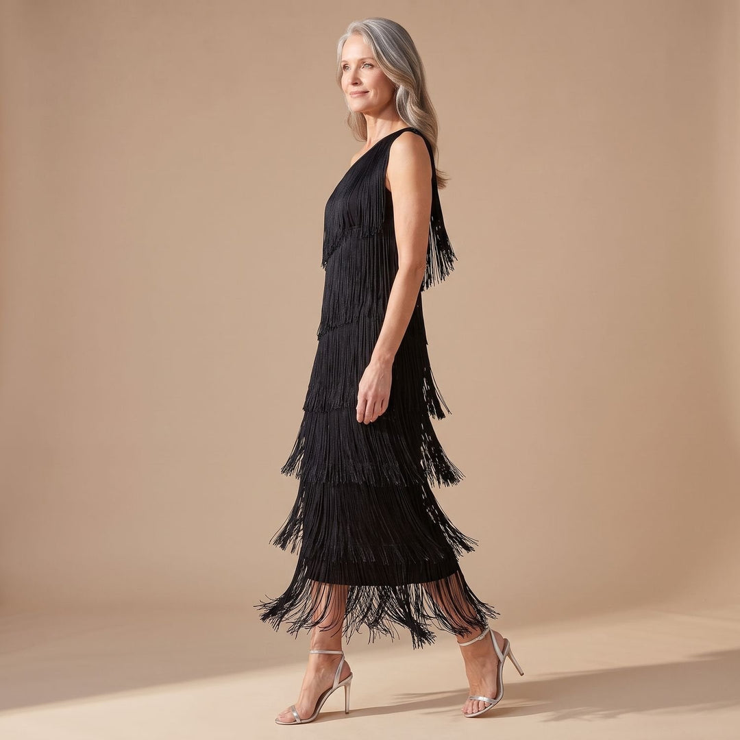 Amelie | Women's Elegant One-Shoulder Maxi Dress with Fringes