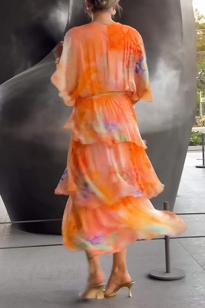 Lena | Women's Layered Chiffon Maxi Dress Long Sleeve V-Neck