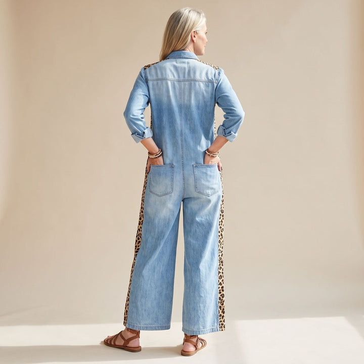 Greta | Women's Jumpsuit Elegant Denim Overall with Leopard Print