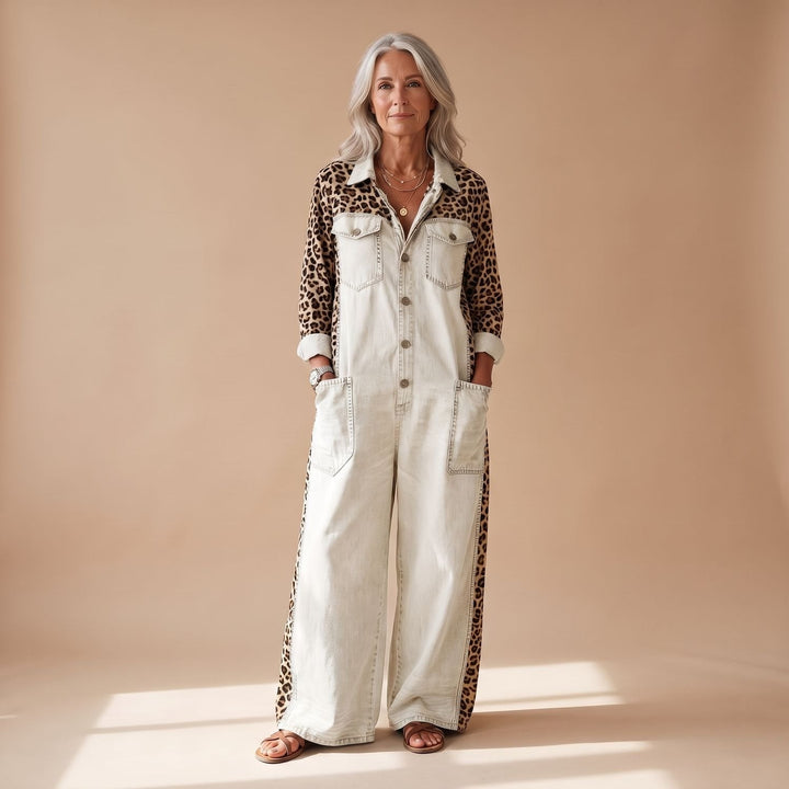 Greta | Women's Jumpsuit Elegant Denim Overall with Leopard Print