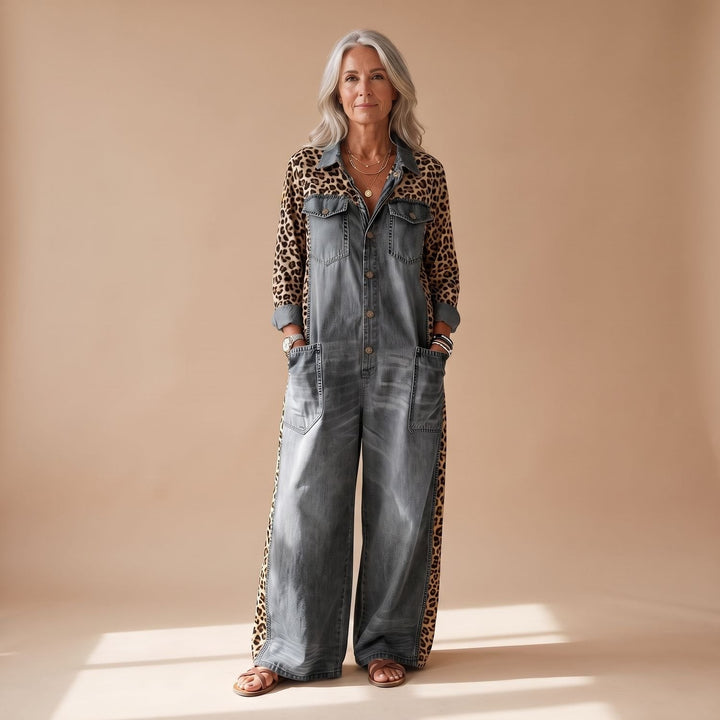 Greta | Women's Jumpsuit Elegant Denim Overall with Leopard Print
