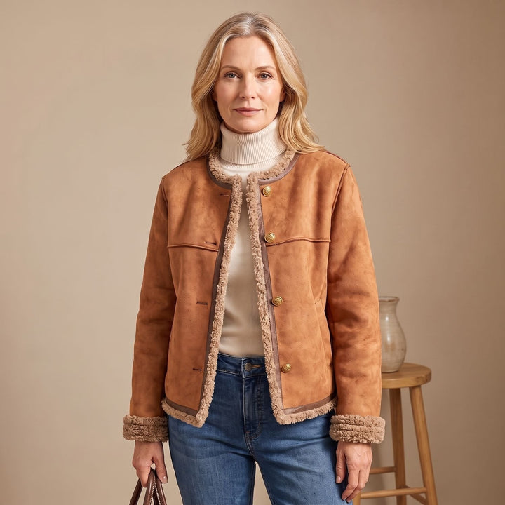 Greta | Women's Short Leather Jacket with Faux Shearling Lining and Gold Buttons