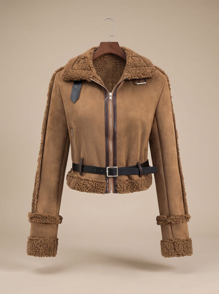 Lena | Women's Short Teddy Jacket Faux Fur Suede Look with Belt
