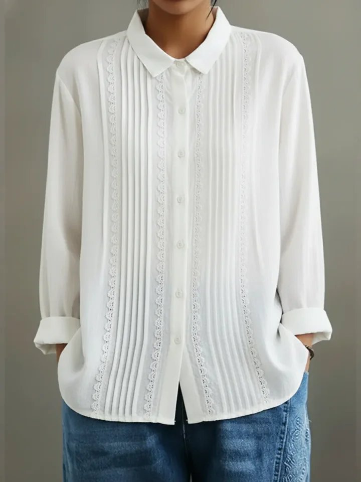 Charlotte | Women's Long Sleeve Blouse with Lace Trim and Pleated Front