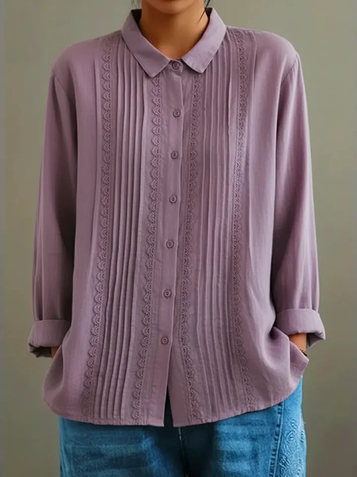 Charlotte | Women's Long Sleeve Blouse with Lace Trim and Pleated Front
