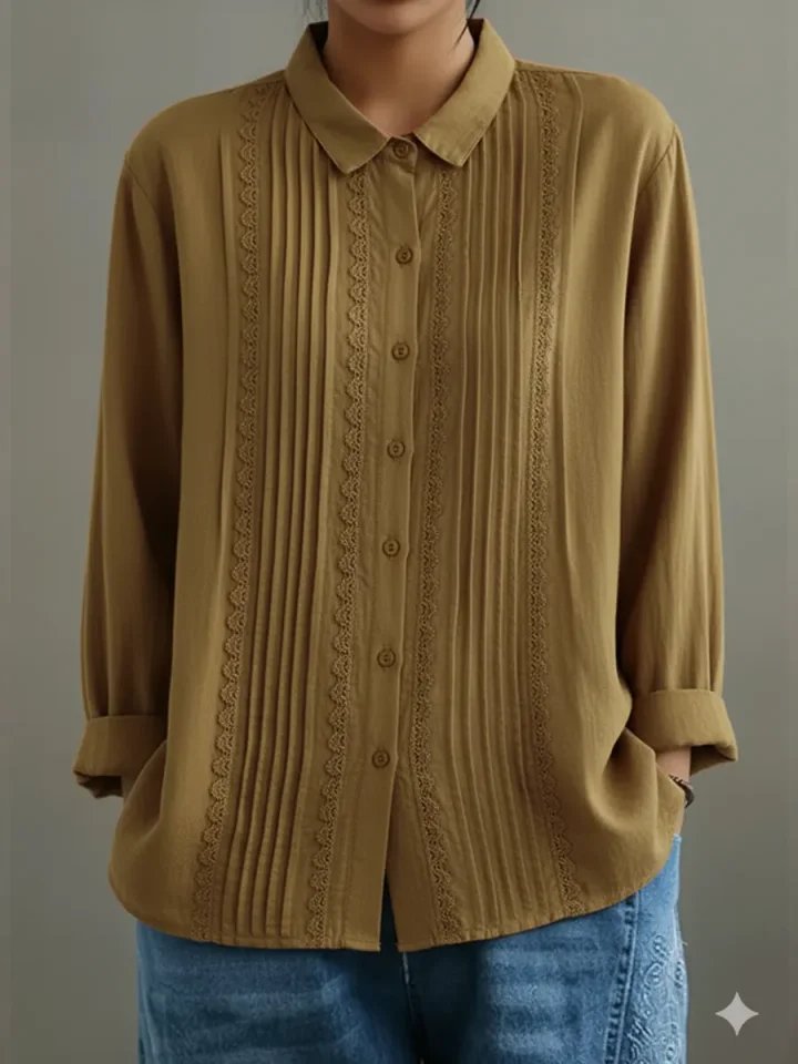 Charlotte | Women's Long Sleeve Blouse with Lace Trim and Pleated Front