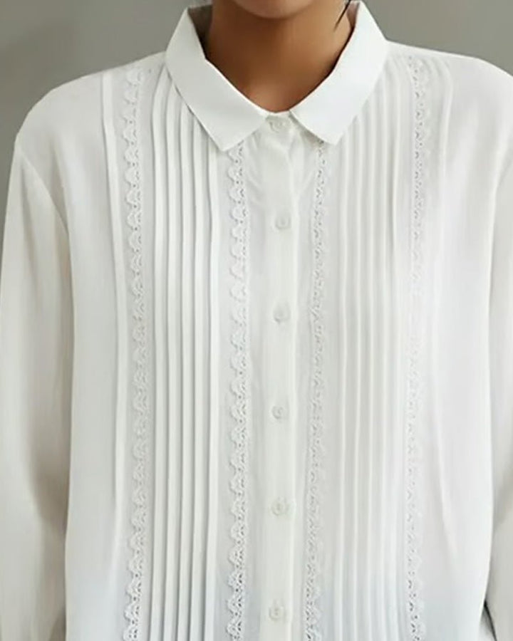 Charlotte | Women's Long Sleeve Blouse with Lace Trim and Pleated Front