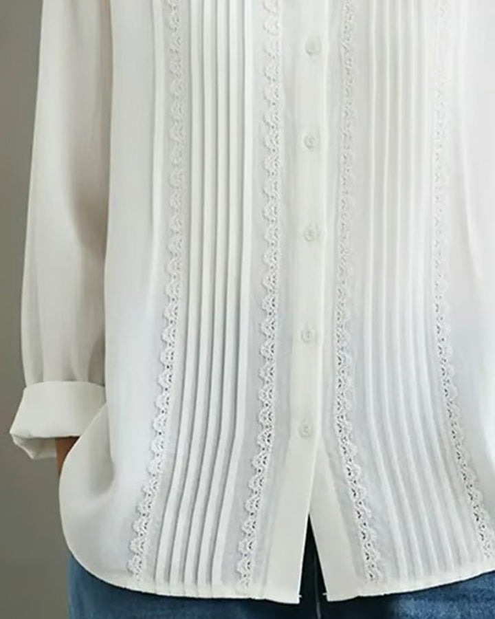 Charlotte | Women's Long Sleeve Blouse with Lace Trim and Pleated Front