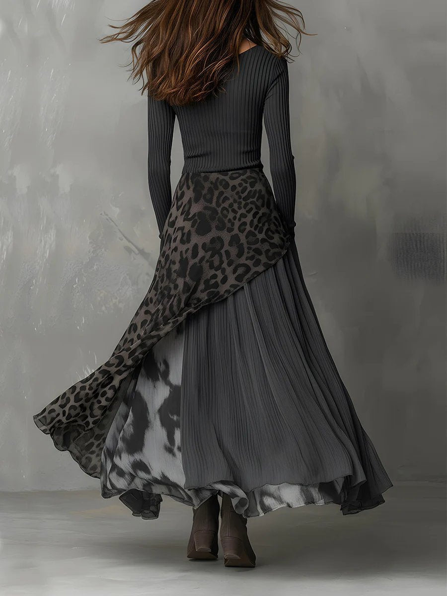Amelie | Women's Long Sleeve Maxi Dress Ribbed Leopard Print Asymmetrical Hem