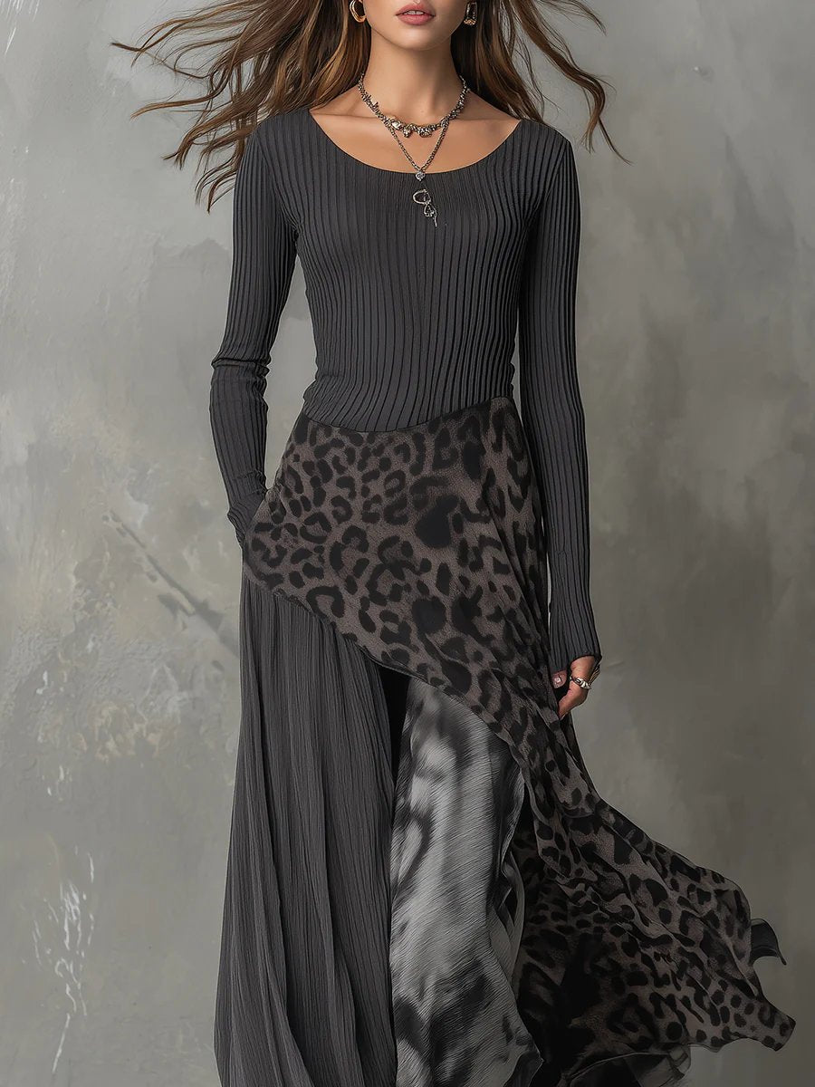 Amelie | Women's Long Sleeve Maxi Dress Ribbed Leopard Print Asymmetrical Hem