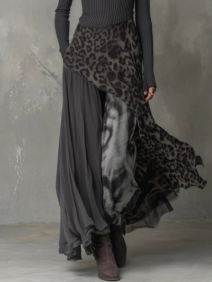 Amelie | Women's Long Sleeve Maxi Dress Ribbed Leopard Print Asymmetrical Hem