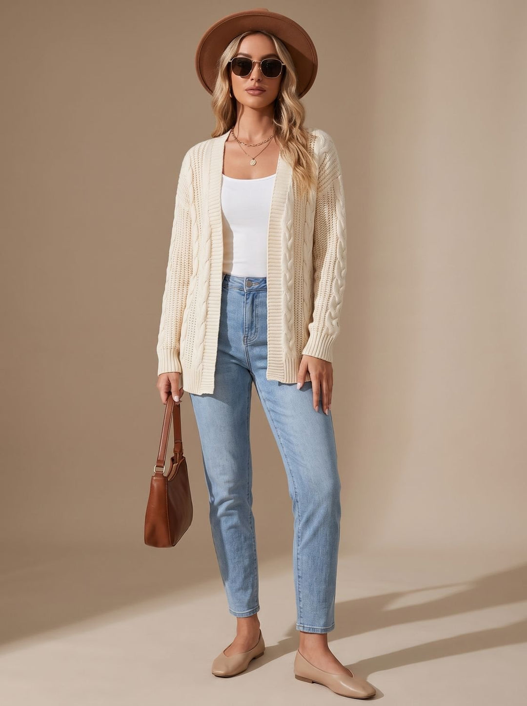 Greta | Women's Long Sleeve Cardigan Open Front Cable Knit Hip Length