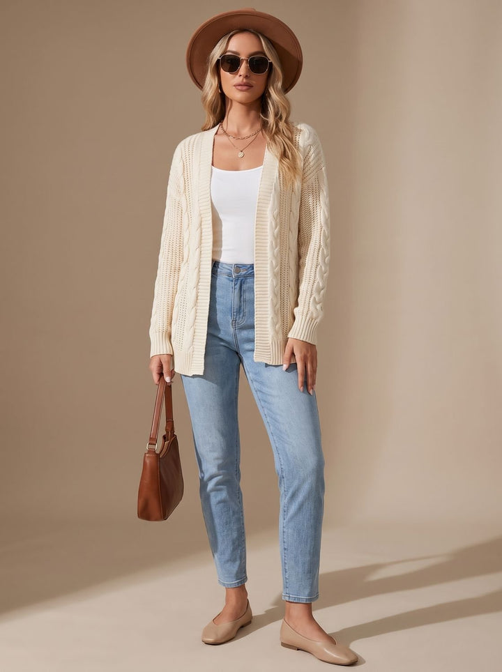 Greta | Women's Long Sleeve Cardigan Open Front Cable Knit Hip Length