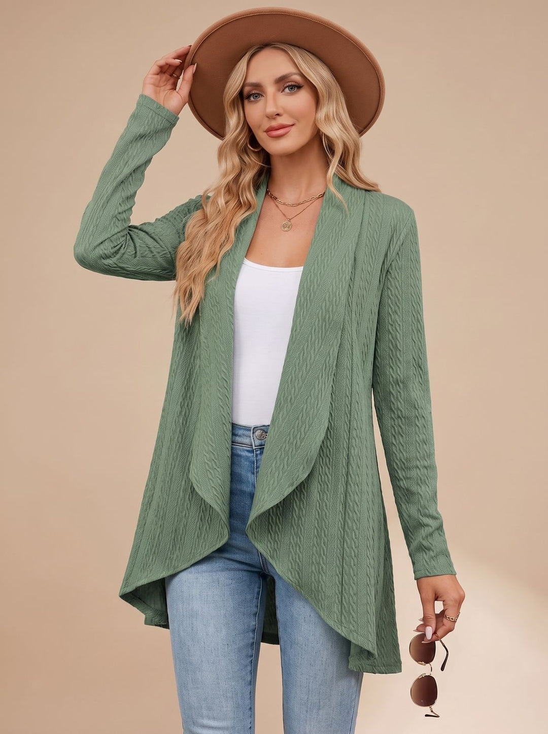 Greta | Women's Long Sleeve Cardigan Open Front Cable Knit Hip Length