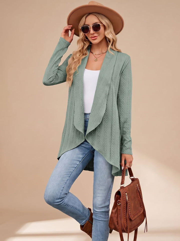 Greta | Women's Long Sleeve Cardigan Open Front Cable Knit Hip Length