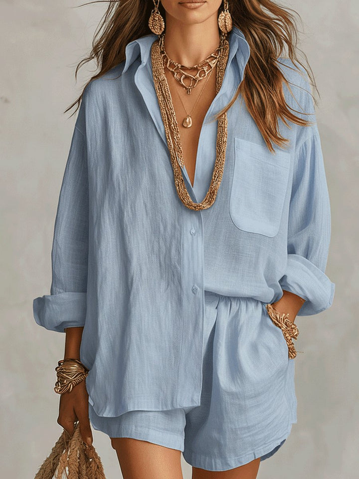 Emilia | Women's Oversized Linen Shirt Blouse and Shorts Set Two-Piece Outfit