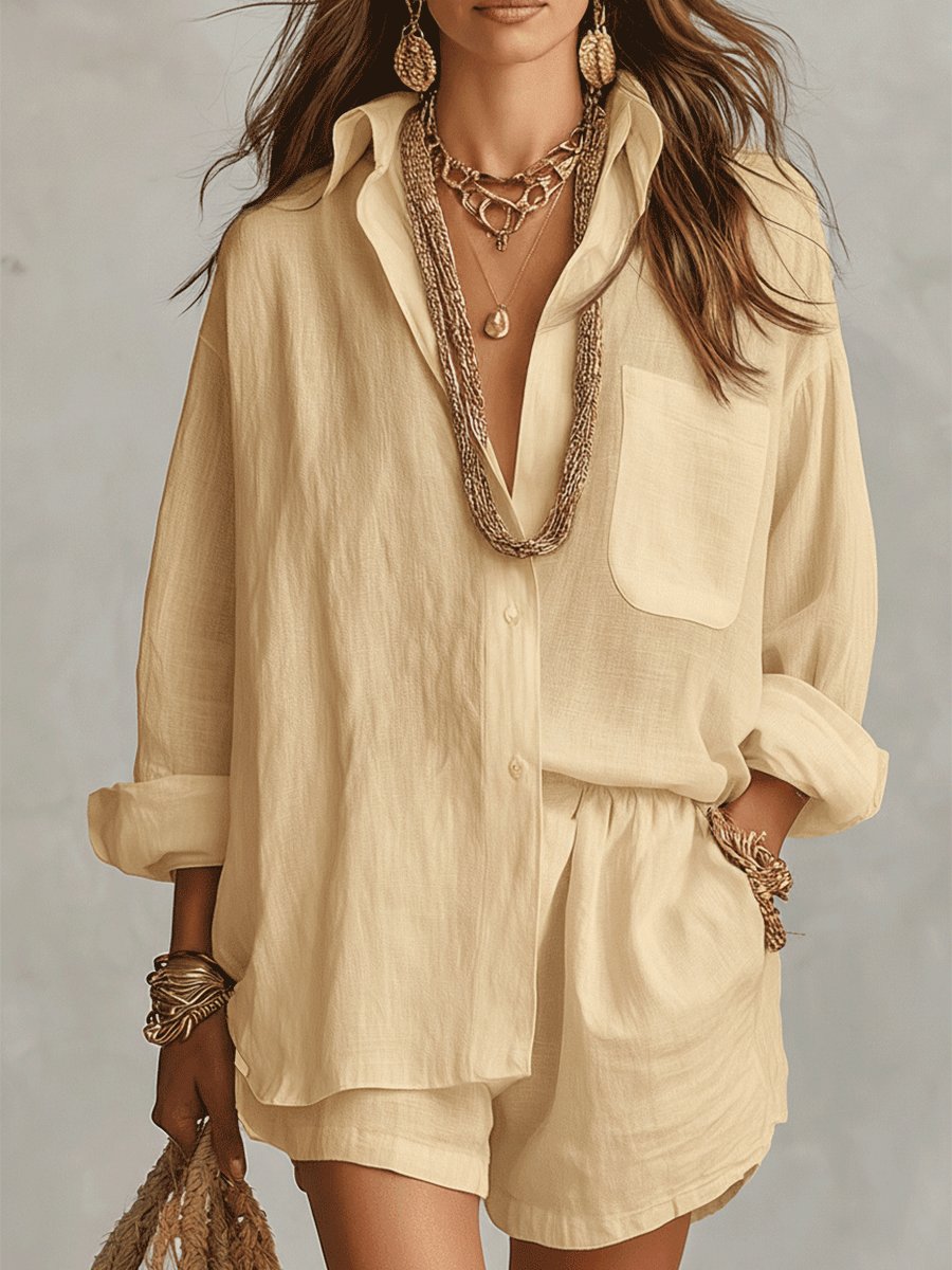 Emilia | Women's Oversized Linen Shirt Blouse and Shorts Set Two-Piece Outfit