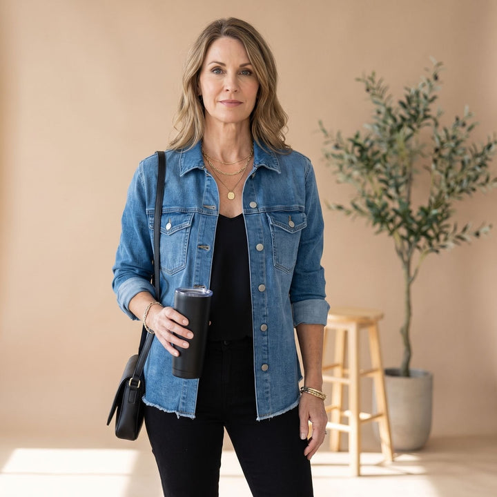 Elisabeth | Women's Oversized Denim Jacket with Snap Buttons and Frayed Hem