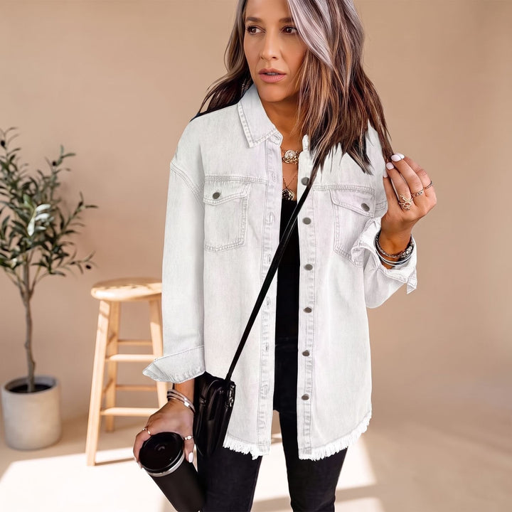 Elisabeth | Women's Oversized Denim Jacket with Snap Buttons and Frayed Hem