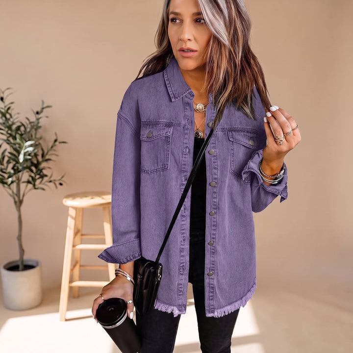 Elisabeth | Women's Oversized Denim Jacket with Snap Buttons and Frayed Hem