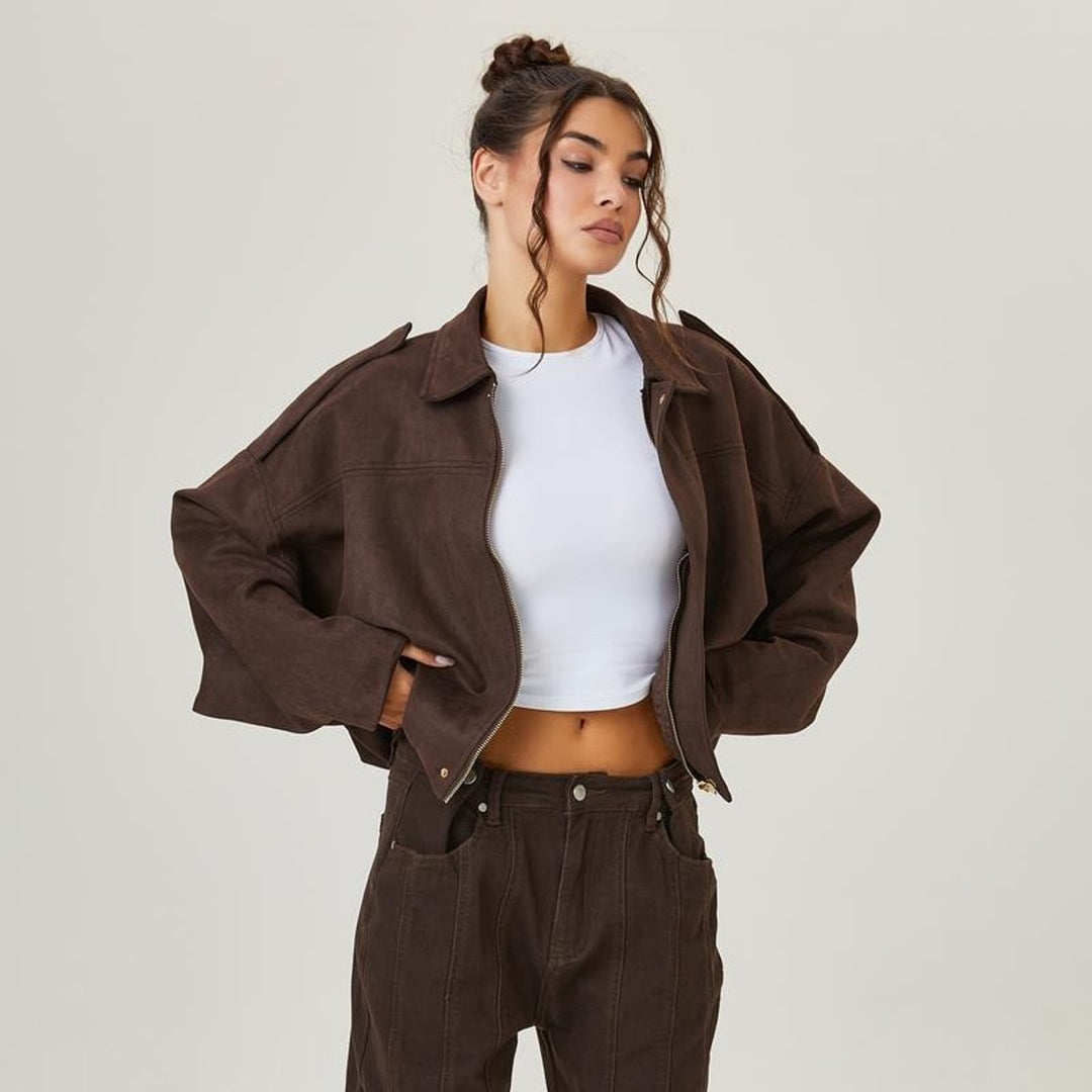 Emilia | Women's Oversized Cropped Faux Suede Bomber Jacket