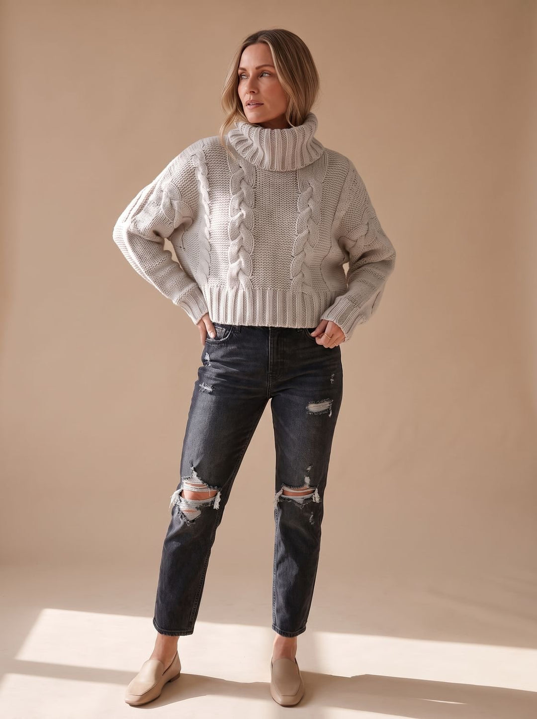 Charlotte | Women's Oversized Turtleneck Chunky Knit Cable Pattern Sweater