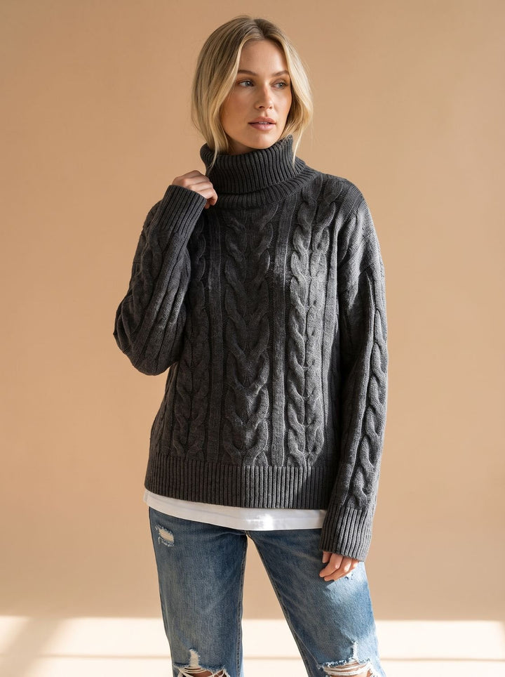 Charlotte | Women's Oversized Turtleneck Chunky Knit Cable Pattern Sweater
