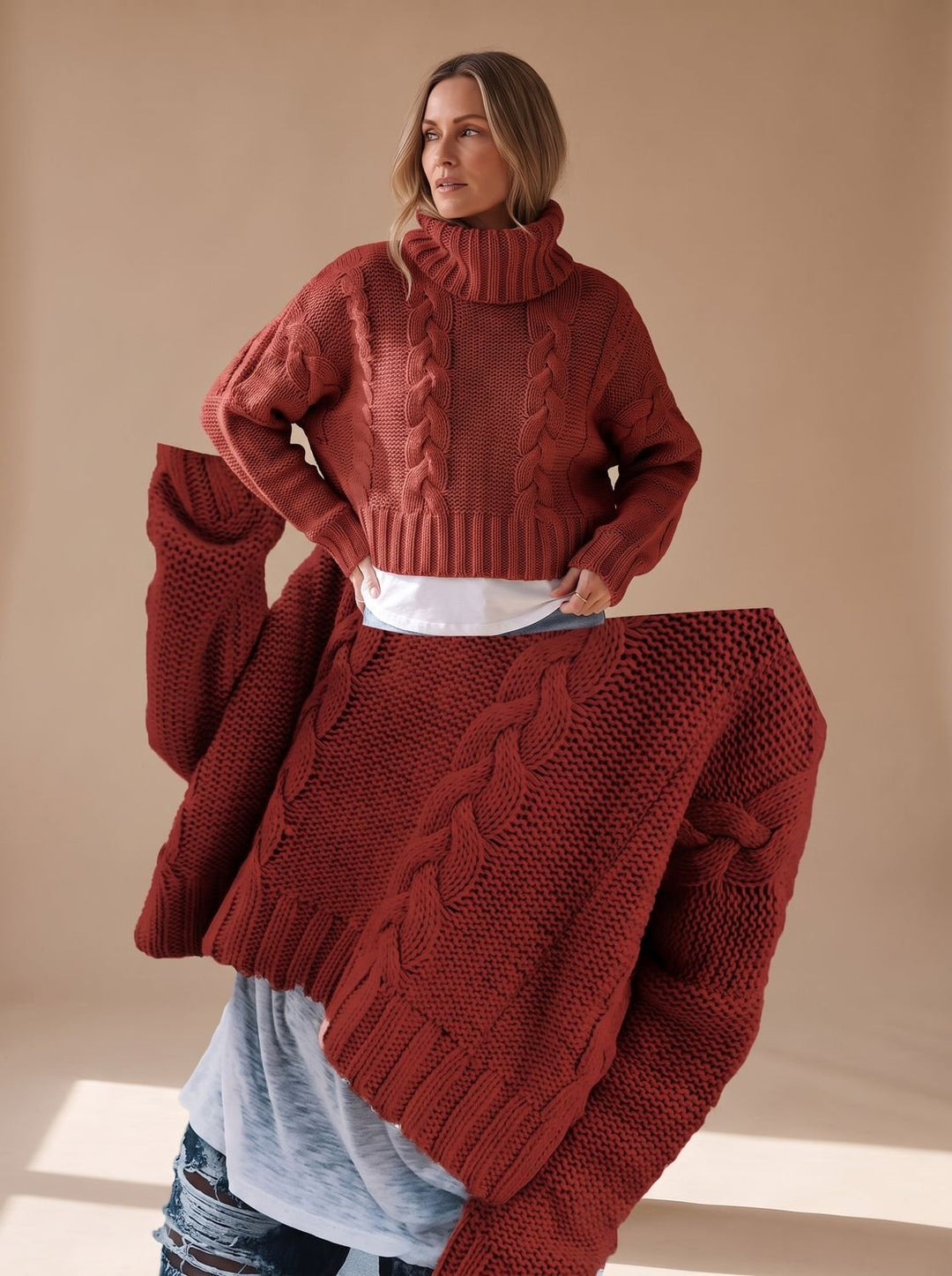 Charlotte | Women's Oversized Turtleneck Chunky Knit Cable Pattern Sweater